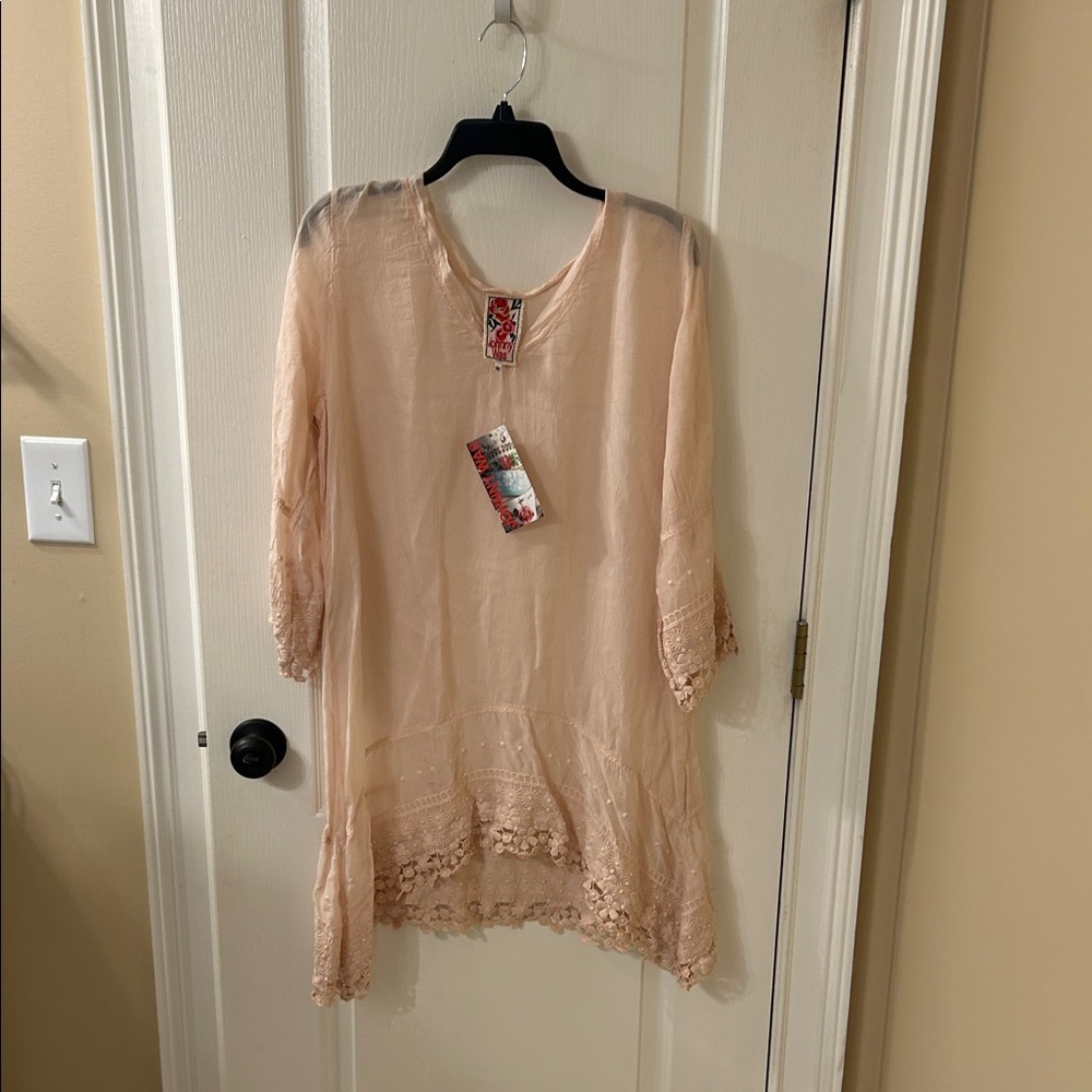 Johnny Was Peach Tunic with Lace Trim